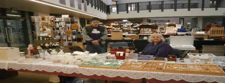 Greta and Geoff, selling miniatures for Sight Savers International Charity at a MGM Fair MGM Fairs - Dollshouse and Miniature Events